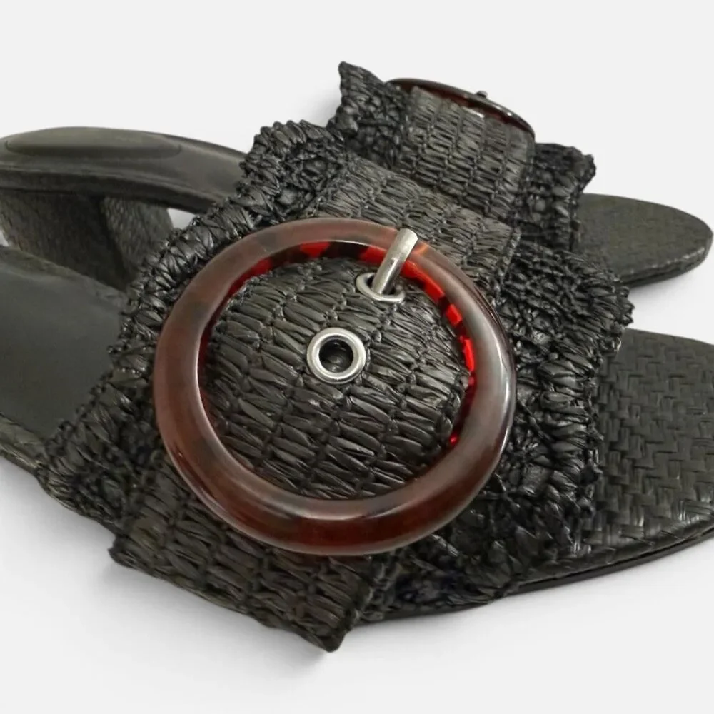 Bandolino Anni Raffia Crochet Block Black Heel Sandals, NEW! Size 8.5